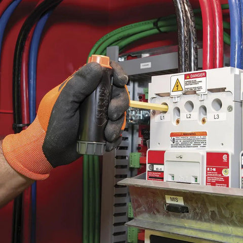 Person using Long Ball End Hex Key Wrench Set With T Handle, 22 Piece SAE And Metric, on electrical panel