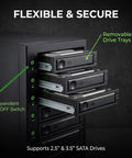 Usb 4 0 Type C Eight Bay Sata Hard Drive Enclosure with independent switches and removable drive trays for video storage.