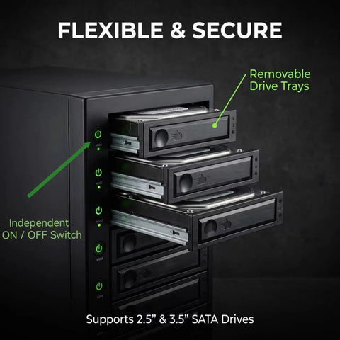 Usb 4 0 Type C Eight Bay Sata Hard Drive Enclosure with independent switches and removable drive trays for video storage.