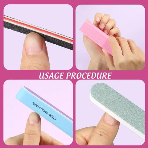Using All In One Nail Files And Buffers Kit 20Pcs With 7 Way File, showing buffing and filing techniques on nails