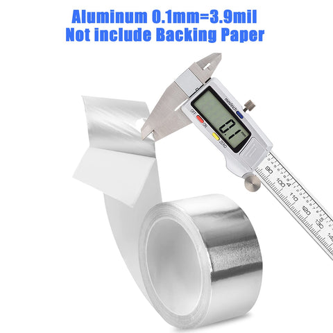 Aluminum Foil Tape 2 Inch By 65 Feet 3.9 Mil Silver Insulation Adhesive Metal Tape with digital caliper measuring thickness