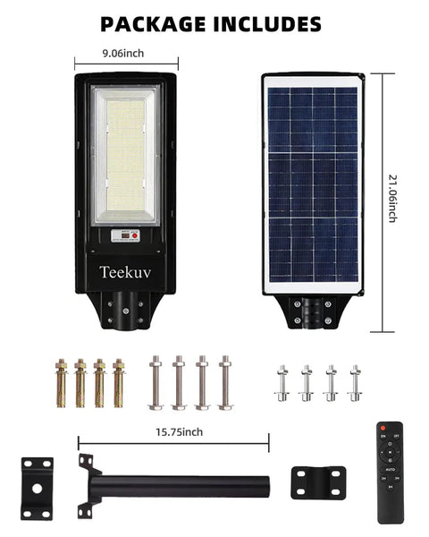 Package contents of 1500W Solar Street Light Outdoor Waterproof Dusk To Dawn Motion Sensor Flood Lights including all components.