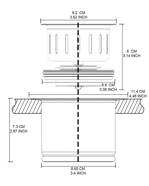 Diagram of Extended Garbage Disposal Flange Basket Strainer Stopper For Three And A Half Inch Sink Drain Hole In 304 Stainless Steel
