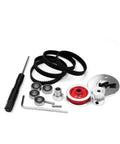 Race-Grade TT02 Belt Drive RC Car Transmission System With 36T Aluminum Pulley And 16T Gear, red components and tools displayed.