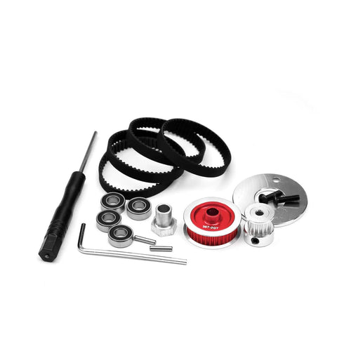 Race-Grade TT02 Belt Drive RC Car Transmission System With 36T Aluminum Pulley And 16T Gear, red components and tools displayed.