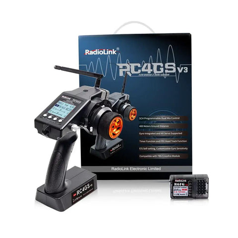 5 Channel 2.4GHz RC Transmitter And Receiver Combo With Gyro Stabilization box and device on display.