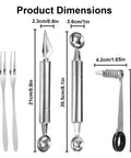 Spiral Veggie Cutter Set With Stainless Steel Spiralizer, V-shaped Carving Tool, Fruit Baller, and Forks with dimensions