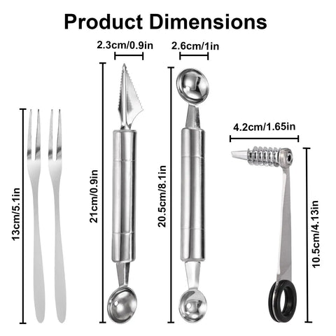 Spiral Veggie Cutter Set With Stainless Steel Spiralizer, V-shaped Carving Tool, Fruit Baller, and Forks with dimensions