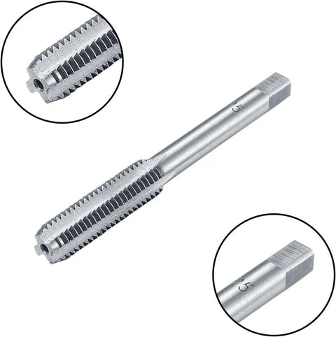 No Sweat Seven Piece Metric Thread Tap Set Featuring Straight Flute Design M3 Through M12 Sizes For Killer Clean Threading On Soft Metals Wood And Aluminum With Quick Grab Handles And Dead Simple Layout, close-up shot of a M5 tap with clear size markings.