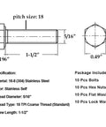 Diagram of Heavy Duty Stainless Steel Hex Head Screws Bolts Kit Set With Nuts Flat Washers And Lock Washers 5/16-18 x 1-1/2 Inches