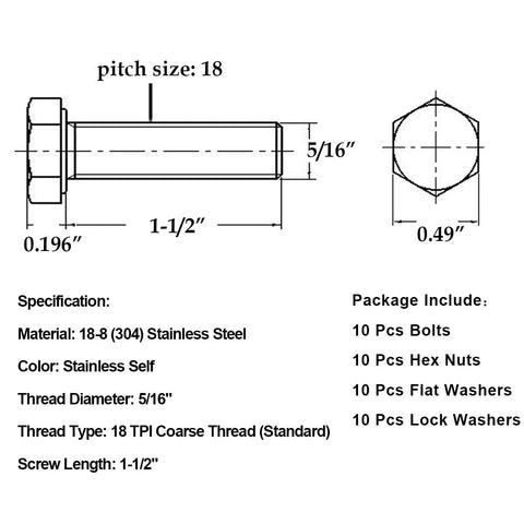 Diagram of Heavy Duty Stainless Steel Hex Head Screws Bolts Kit Set With Nuts Flat Washers And Lock Washers 5/16-18 x 1-1/2 Inches