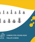 Heavy Duty 1140 Pc Assortment Kit Of Micro Screws For Electronics And Computer Repair Featuring M1.4 Through M3 Round Head Options Crafted From Rust Resistant Carbon Steel, showcasing various carbon steel round head Phillips screws.