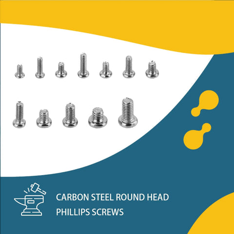 Heavy Duty 1140 Pc Assortment Kit Of Micro Screws For Electronics And Computer Repair Featuring M1.4 Through M3 Round Head Options Crafted From Rust Resistant Carbon Steel, showcasing various carbon steel round head Phillips screws.