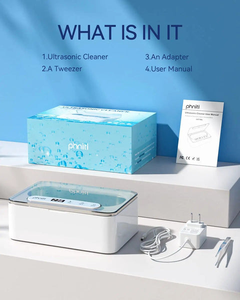 47KHz Ultrasonic Jewelry Cleaner With Three Cleaning Modes 12 Oz Stainless Steel Tank Cleaner display with adapter and manual