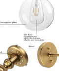 Industrial Style Double Wall Sconce Light, Hardwired, 5.9 Inch Round Clear Glass Shade, On Off Switch detail view