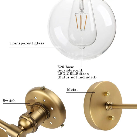 Industrial Style Double Wall Sconce Light, Hardwired, 5.9 Inch Round Clear Glass Shade, On Off Switch detail view