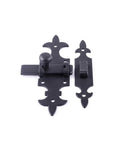 Rock Solid Black Powder Coated Wrought Iron French Quarter Slide Bolt Cabinet Latch Lock with ornate design and smooth glide.