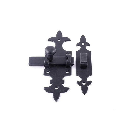 Rock Solid Black Powder Coated Wrought Iron French Quarter Slide Bolt Cabinet Latch Lock with ornate design and smooth glide.