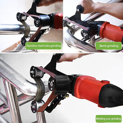 Turn Your Angle Grinder Into A Belt Sander Attachment Kit With A Handy Table Stand, Pipe Brackets, Cast Iron And ABS Parts for Pro Polishing and Grinding on Wood Metal and Stainless Steel (5/8-11 UNC) in use on stainless steel tube and pipe.