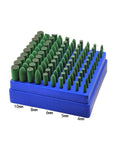 Heavy Hitter 100 Piece Abrasive Rubber Mounted Points 3mm Shank Knockout Set For Precision Grinding Polishing And Buffing, green rubber burrs arranged by size.