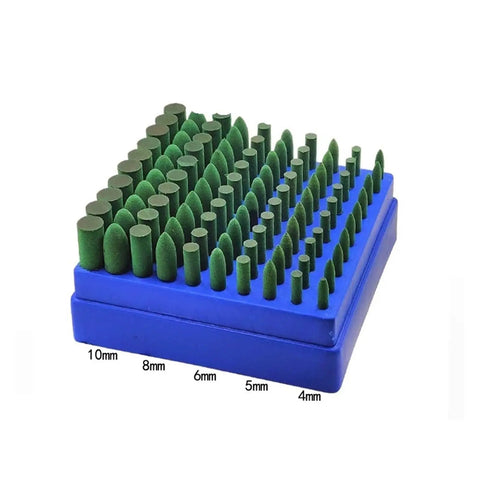 Heavy Hitter 100 Piece Abrasive Rubber Mounted Points 3mm Shank Knockout Set For Precision Grinding Polishing And Buffing, green rubber burrs arranged by size.