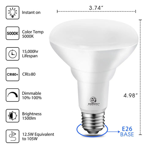 BR30 LED Recessed Flood Light Bulbs 105W Equivalent 1500LM Dimmable Daylight 5000K Indoor Recessed Can Lighting UL Listed diagram