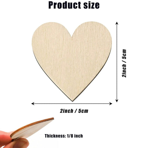 Two Inch Wooden Hearts Craft Kit 100 Pcs Blank Wood Hearts For DIY Wedding Decor Christmas Party Embellishments Natural Unfinished Wood Blanks For Crafts Scrapbooking And Gift Ornaments displaying single heart size and thickness.