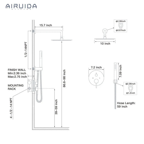 Diagram of Two Function Shower Faucet Set With Wall Mount High Pressure Brass Valve And Rough In Included Handheld Showerhead 10 Inch Round Rainfall Shower Head Brushed Nickel Finish SUS304 Stainless Steel Construction Premium Bathroom Upgrade