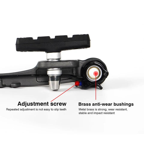 Close-up of Beefed Up Mountain Bike V Brake Set For Front And Rear 110mm Arm with adjustment screw and brass anti-wear bushings.
