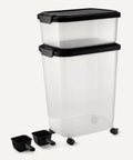 Pet Food Storage Container Set 30lb and 10lb With Scoop, Airtight BPA Free Plastic Bins For Dogs And Cats on wheels with scoops