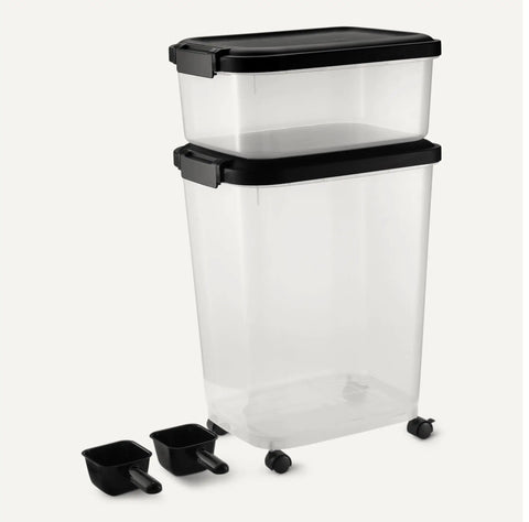 Pet Food Storage Container Set 30lb and 10lb With Scoop, Airtight BPA Free Plastic Bins For Dogs And Cats on wheels with scoops