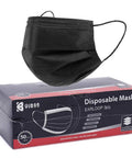 Box of 50 black Disposable Face Masks 3 Ply With Melt Blown Filter for comfort and protection, mask shown above box.