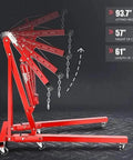 Heavy Duty Hydraulic Engine Hoist Crane With Wheels For Auto Repair Shops showing adjustable boom angles and height specifications.