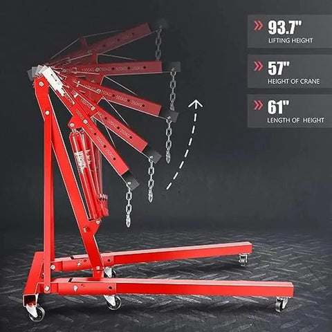 Heavy Duty Hydraulic Engine Hoist Crane With Wheels For Auto Repair Shops showing adjustable boom angles and height specifications.