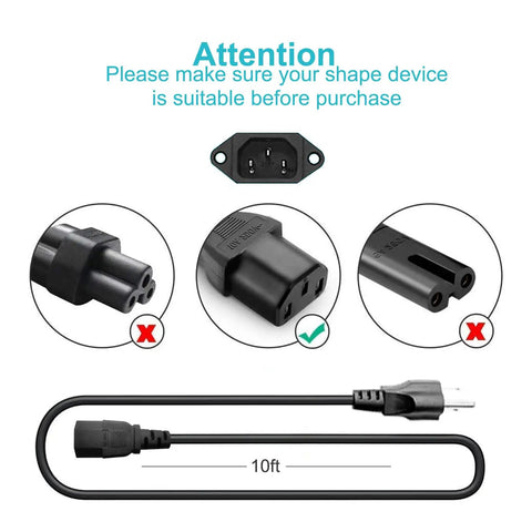Diagram showing 10 Ft 3 Prong AC Power Cord Universal Cable For Treadmills, TVs, Monitors, And Computers, 110-125V, NEMA 5-15P To C13