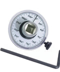 Torque angle gauge with 1/2 inch drive, 360° rotation scale, metal body; includes L-shaped hex key