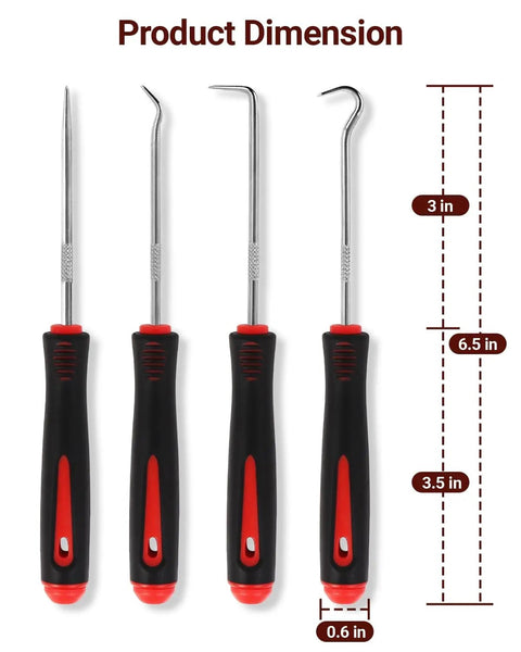 4 Piece Hook And Pick Set For Tight Spaces Precision Automotive Tools with 6.5-inch shafts and comfort grip handles