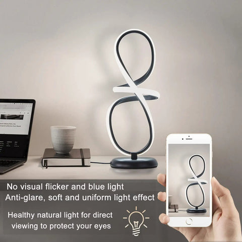Sleek Black Modern Table Lamp With Touch Control 17 Inch LED Dimmable Spiral Metal Desk Light 3 Color Temperature on desk