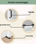 Double Bypass Barn Door With Frosted Glass And White Waterproof PVC Finish Includes Six Point Six Feet Track Hardware Kit Premium MDF Panels For Space Saving And Easy Assembly Fits Thirty Six By Eighty Four Inch Openings featuring handle, track, and floor guide details.