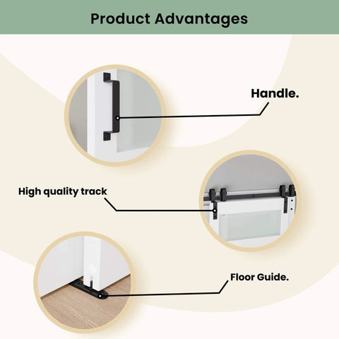 Double Bypass Barn Door With Frosted Glass And White Waterproof PVC Finish Includes Six Point Six Feet Track Hardware Kit Premium MDF Panels For Space Saving And Easy Assembly Fits Thirty Six By Eighty Four Inch Openings featuring handle, track, and floor guide details.