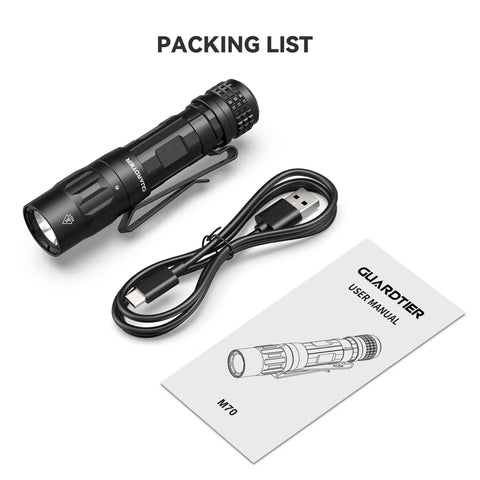 M70 EDC Flashlight 1100 Lumens USB C Rechargeable Pocket Light with Clip and cable, user manual visible in packaging list