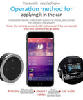 Wireless Bluetooth Car Media Button With Steering Wheel Remote Easy Music Play Pause Skip Volume Control Works With iOS And Android Car Kit Receiver CR2032 Battery Included next to smartphone displaying music app.