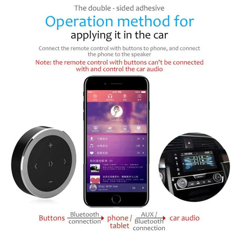 Wireless Bluetooth Car Media Button With Steering Wheel Remote Easy Music Play Pause Skip Volume Control Works With iOS And Android Car Kit Receiver CR2032 Battery Included next to smartphone displaying music app.