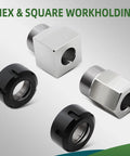 ER-32 Hex And Square Collet Block Set For CNC Lathe And Engraving Machines with hex and square blocks on display