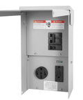 Road Ready Weatherproof Temporary Power Panel With 50 Amp Breaker And 20 Amp GFCI Receptacle showing steel enclosure and outlets.