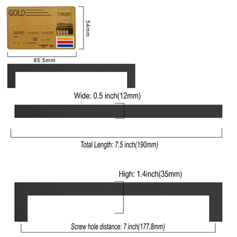 Diagram showing 10 Pack Matte Black 7 Inch Cabinet Handles Stainless Steel Drawer Pulls dimensions for easy installation and use.