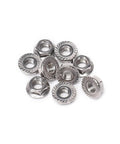 M8 Serrated Hex Flange Lock Nuts, 25 Pack, 304 Stainless Steel, close-up of nuts showing serrated edges and thread details