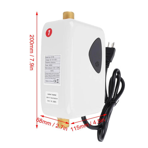 Top Shelf 3000 Watt Instant Hot Water Heater Featuring A Crisp LCD Display And Sturdy Wall Mount Bracket, side view with dimensions.
