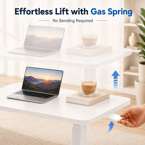 Mobile Rolling Desk Featuring Hidden Wheels And Smooth Pneumatic Height Adjustment Portable Laptop Stand For Home Office Or Bedside Setup showcasing gas spring lift mechanism.