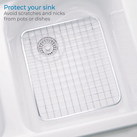 Stainless Steel Sink Grid Protector Kitchen And Bath Rugged Dish Rack in sink, showing rust-resistant grid and drain.